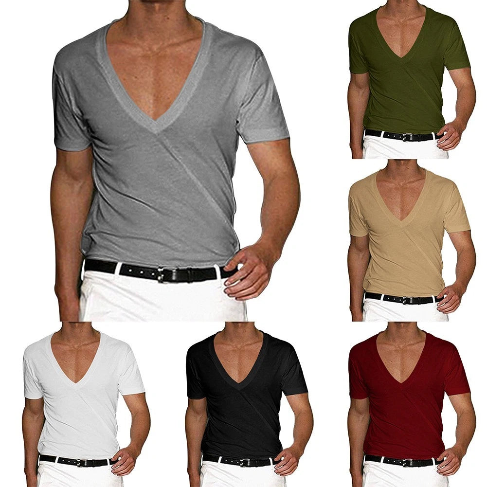 Male T-Shirt T-Shirt Bodybuilding Comfortable Deep V Neck High Quality