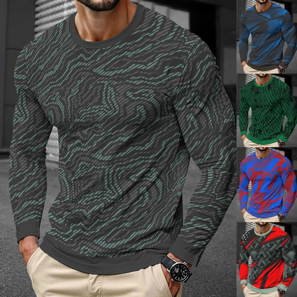 Men 3D Print Street Style Long Sleeve Round Neck Pullover Sportswear Shirt