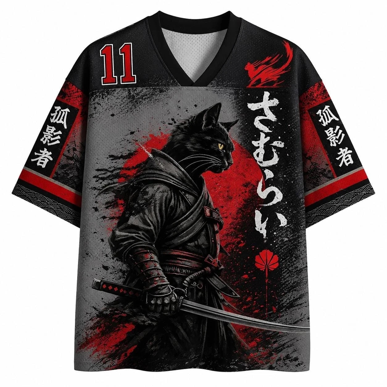 Japanese Samurai Cat Football T-Shirt Graphic Print Quick Dry Polyester Tee