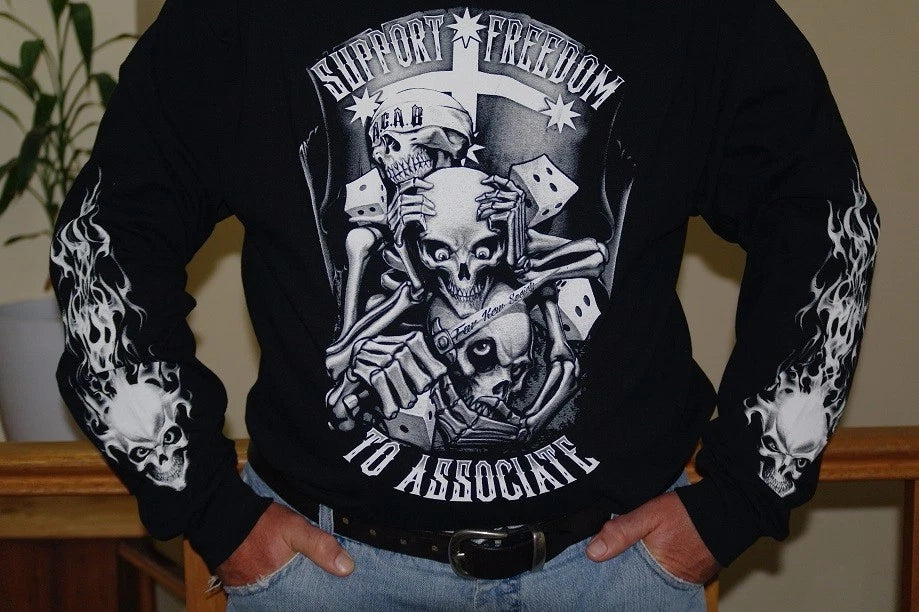 BIKER SKULL EUREKA FLAG T SHIRT SUPPORT FREEDOM TO ASSOCIATE LONG SLEVE NO VLAD