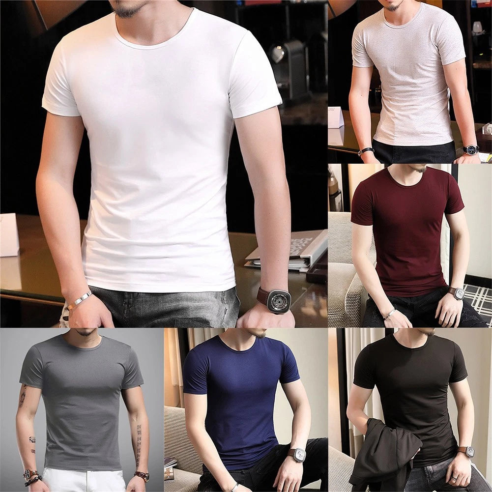 Men Short Sleeve Round Neck Slim Fit T Shirt for Base Layer Underlayer Top