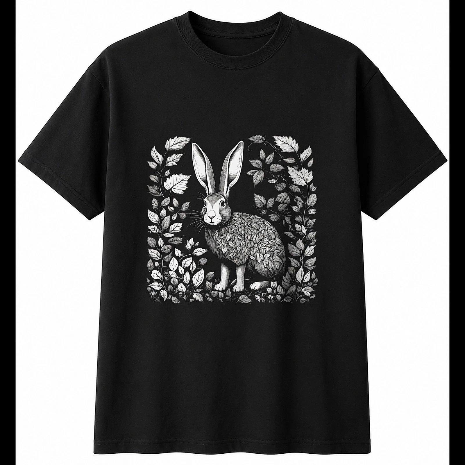 Botanical Flemish Giant Rabbit Mens T-Shirt Cute Black 100% Cotton Tee Kawaii