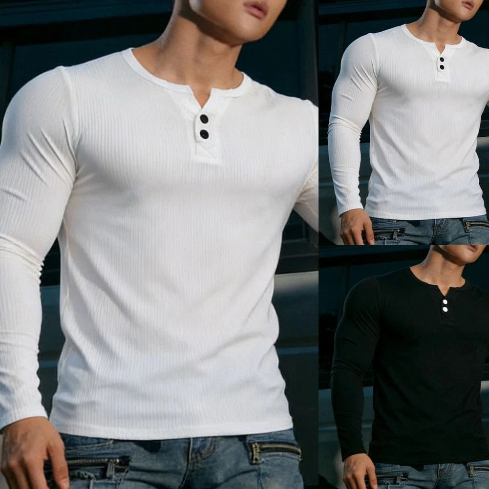 Solid Color Slim Fit Long Sleeve V Neck T-Shirt for Men Casual Daily Top