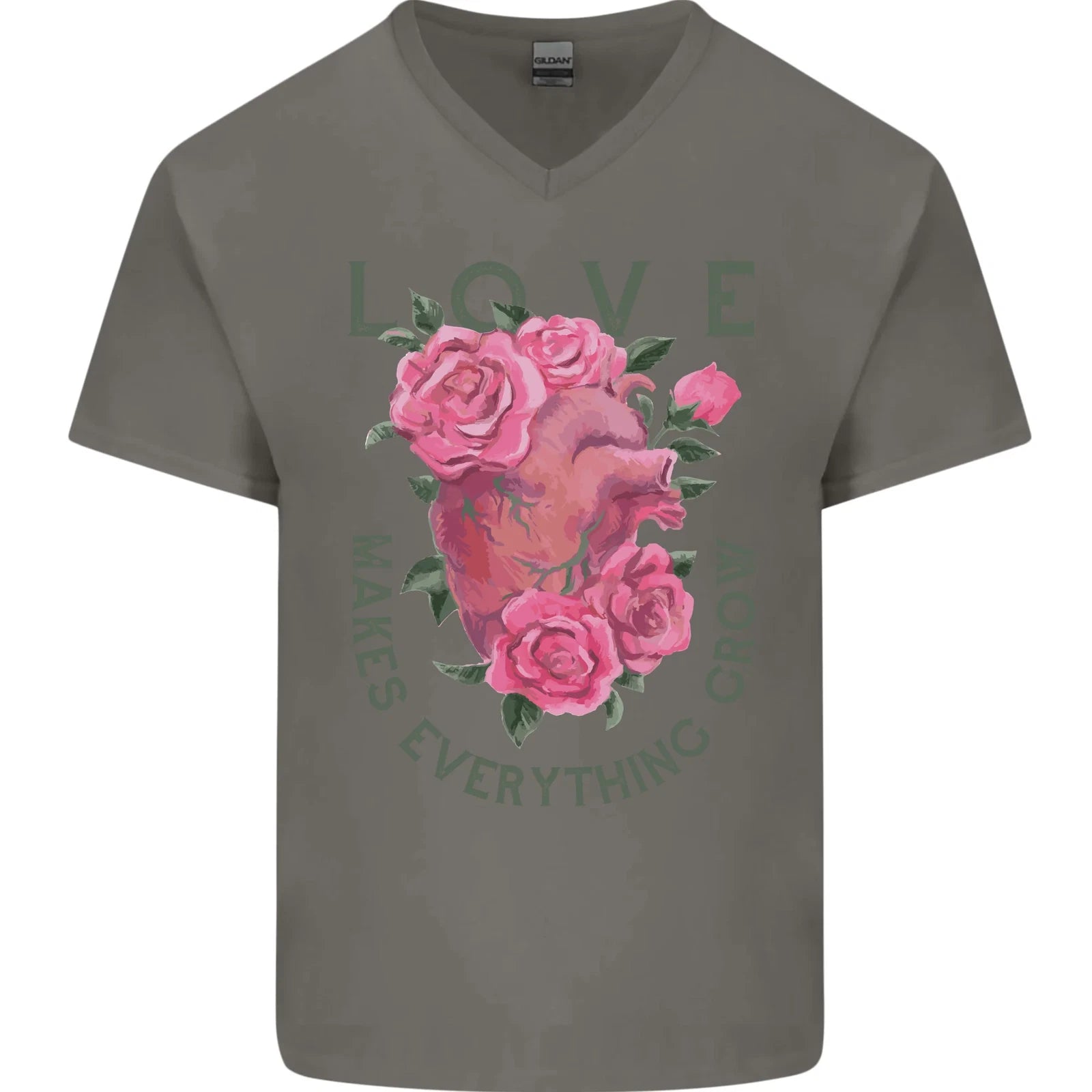 Love Makes Everything Grow Valentines Day Mens V-Neck Cotton T-Shirt