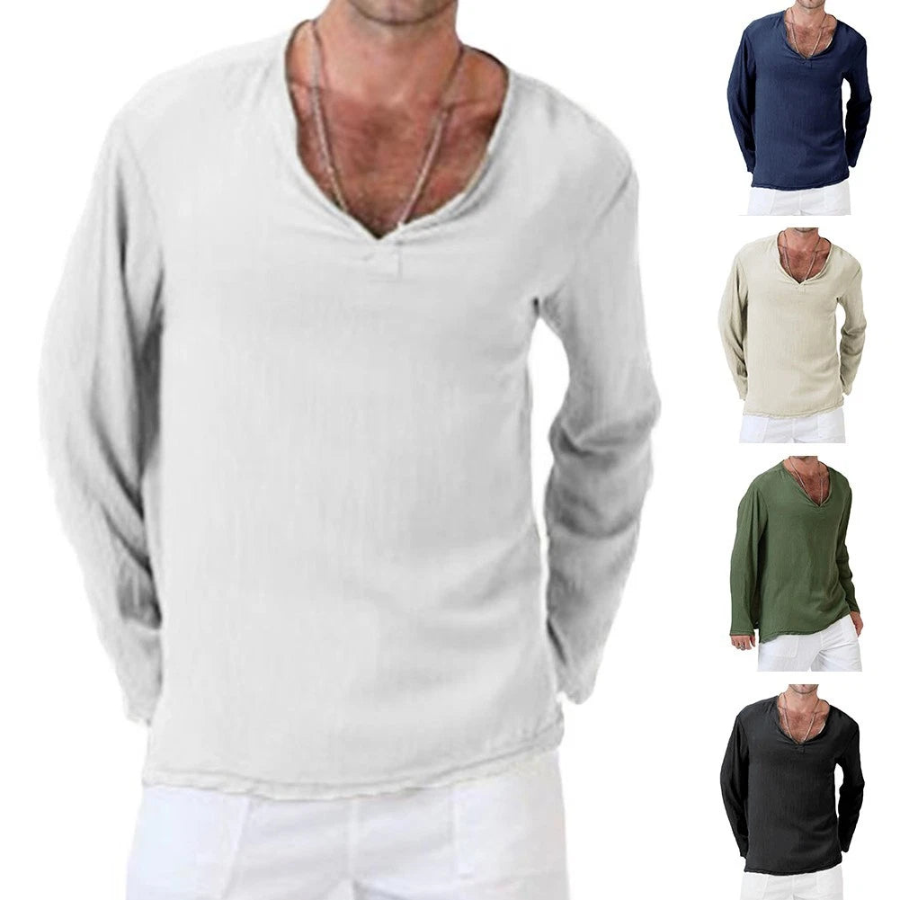 Mens Cotton Long Sleeve V Neck T Shirts Casual Breathable Simple Style Tees