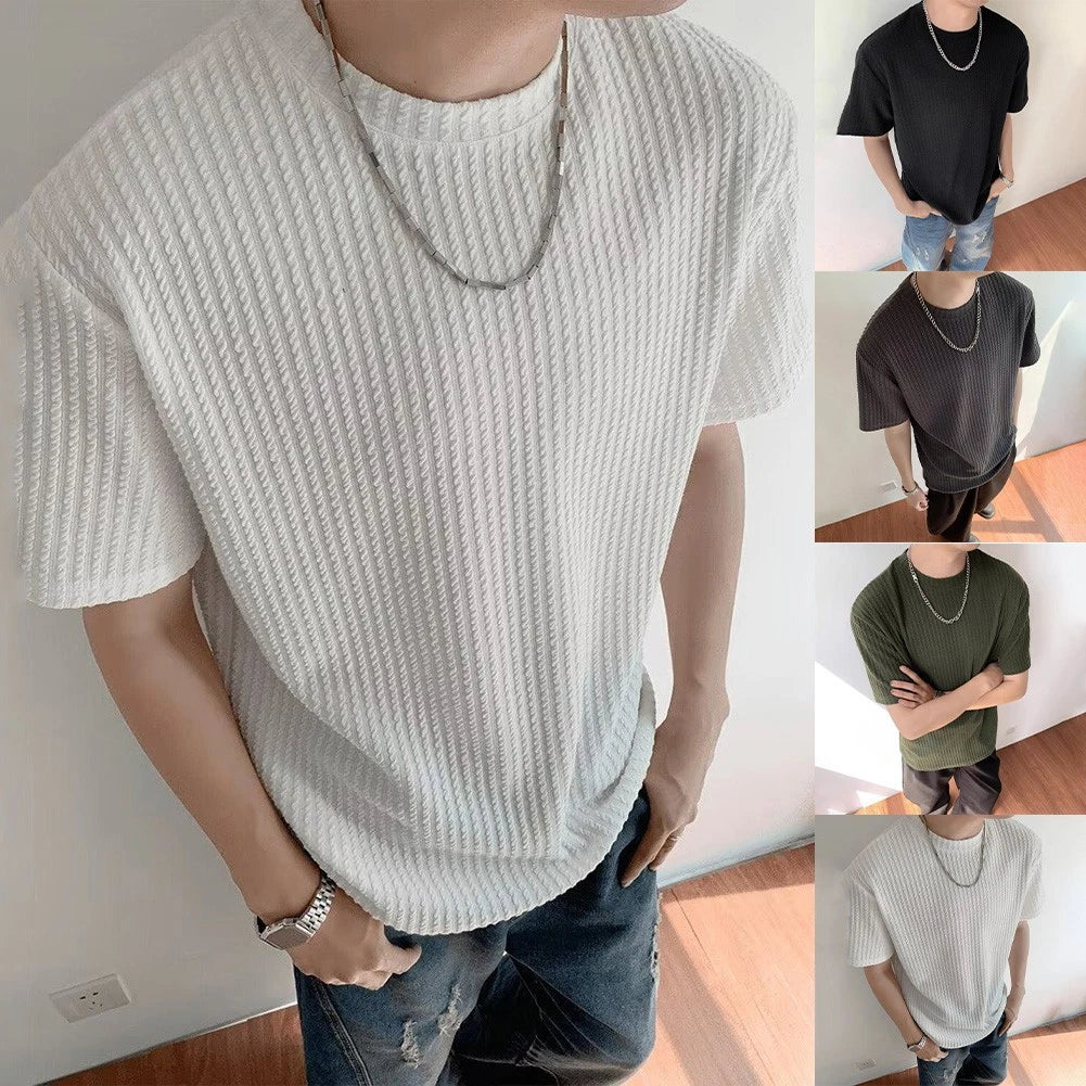 Ribbed Slim Tee For Casual Wear Ribbed Slim Fit Knitted Crew Neck Solid