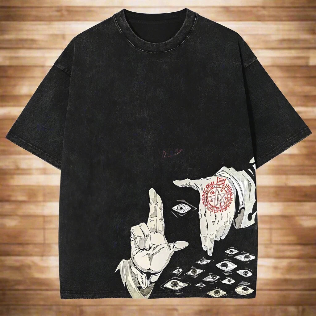 Full Metal FMA Men’s Washed Anime T-Shirt  Graphic Gothic Cotton Oversized Tee