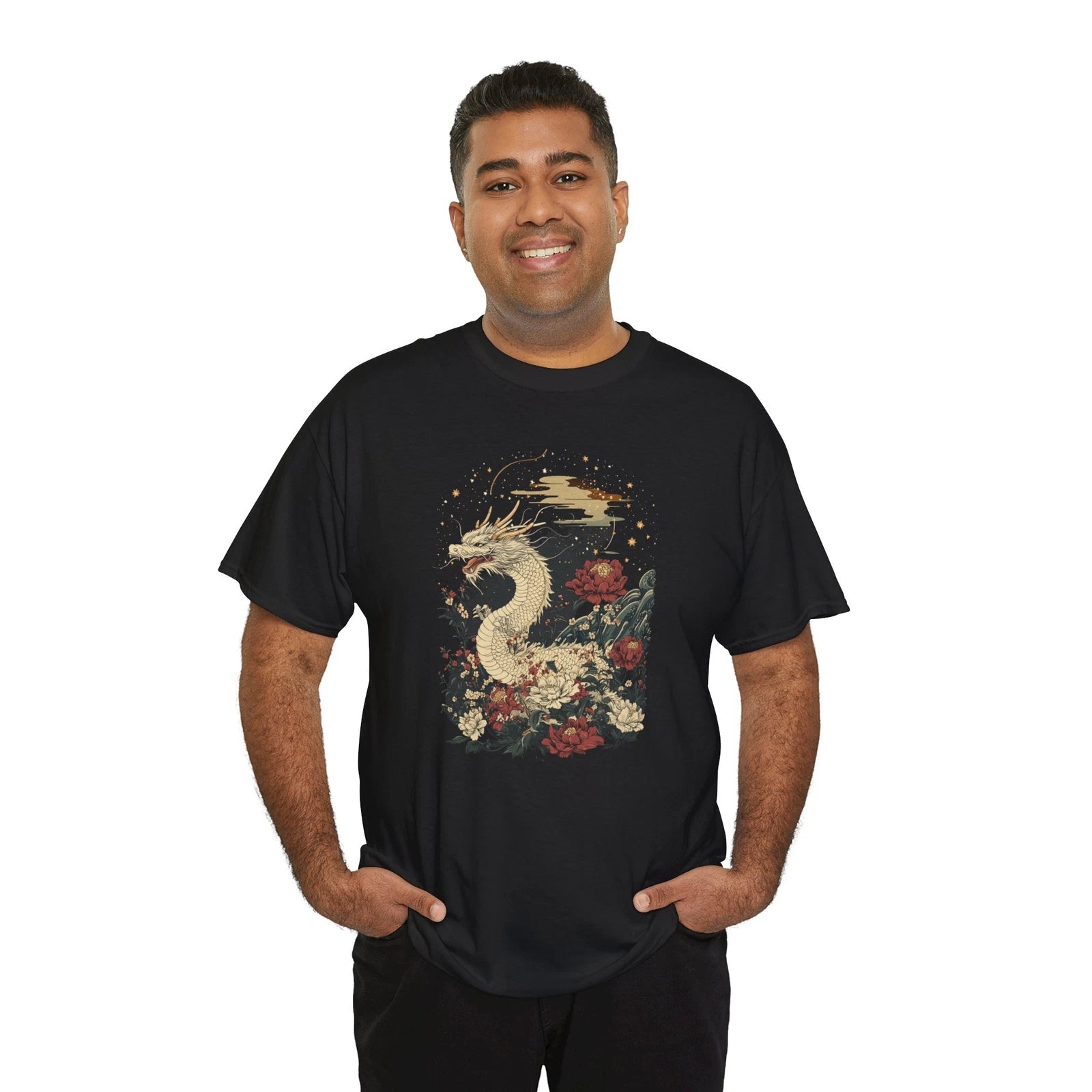 White Dragon Floral Shirt | Minimalist Rising Sun Tee | Modern Streetwear Shirt