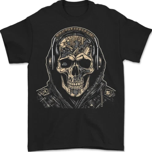 Urban Skull With Headphones Mens T-Shirt 100% Cotton