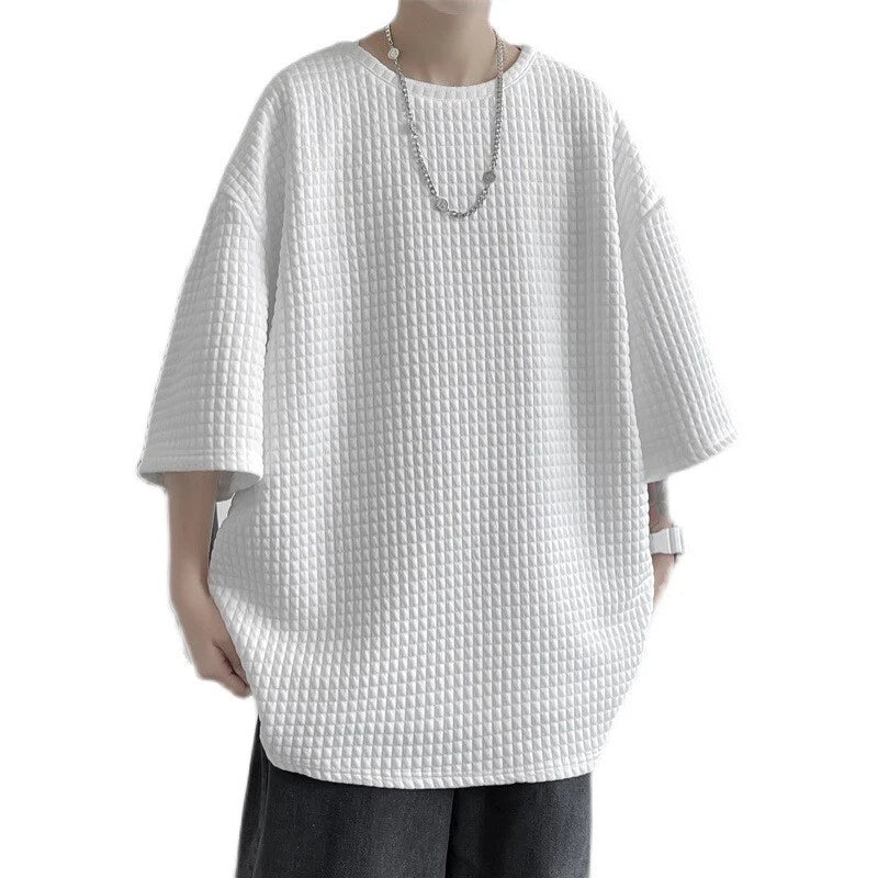 Men Waffle Short Raglan Sleeve T Shirt Oversized Loose Grid Tee Tops Hippy Solid