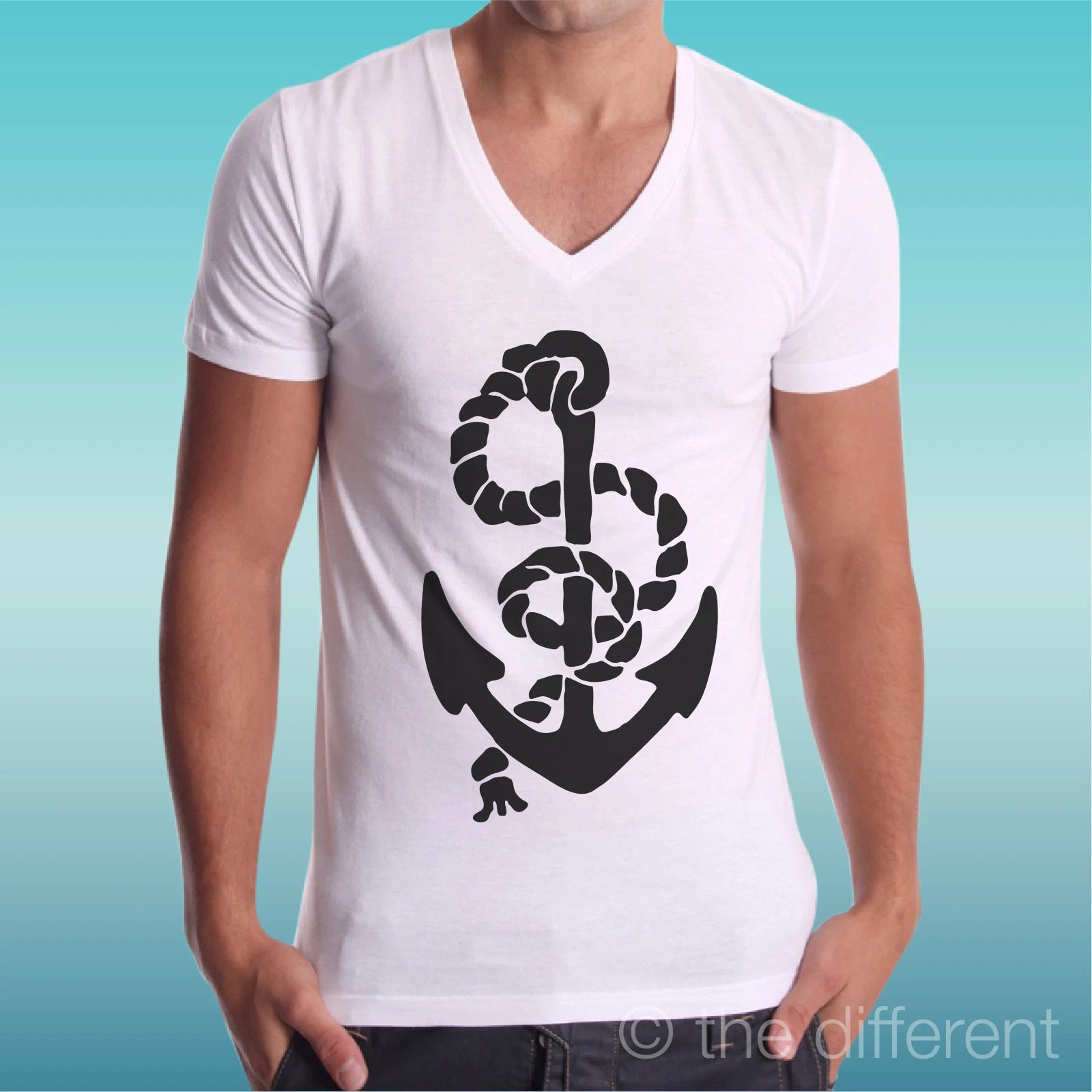 T-Shirt V Neck Black Anchor Old Style Vintage