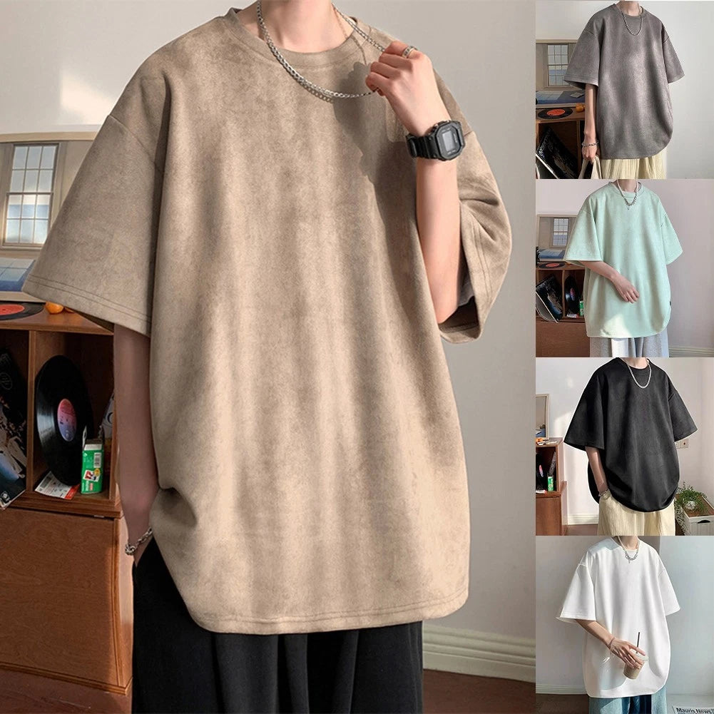 Cool and Casual Men's Suede Solid Color Short Sleeve Loose Fit T shirt