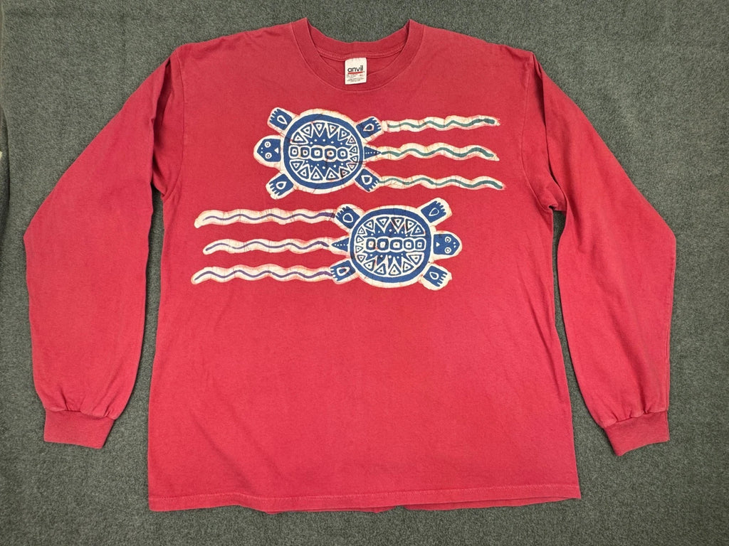Vintage Turtle Graphic Shirt Mens XL Red Long Sleeve Beach Distressed 90s Y2K