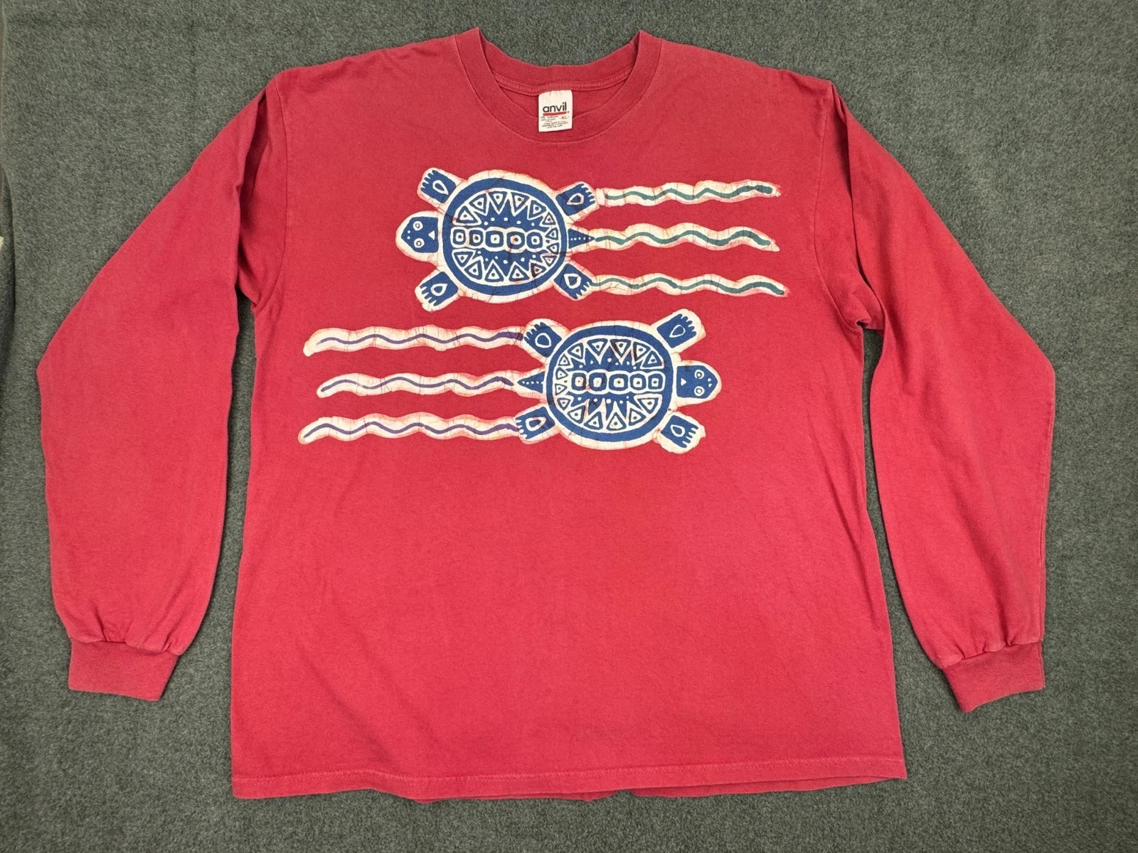 Vintage Turtle Graphic Shirt Mens XL Red Long Sleeve Beach Distressed 90s Y2K