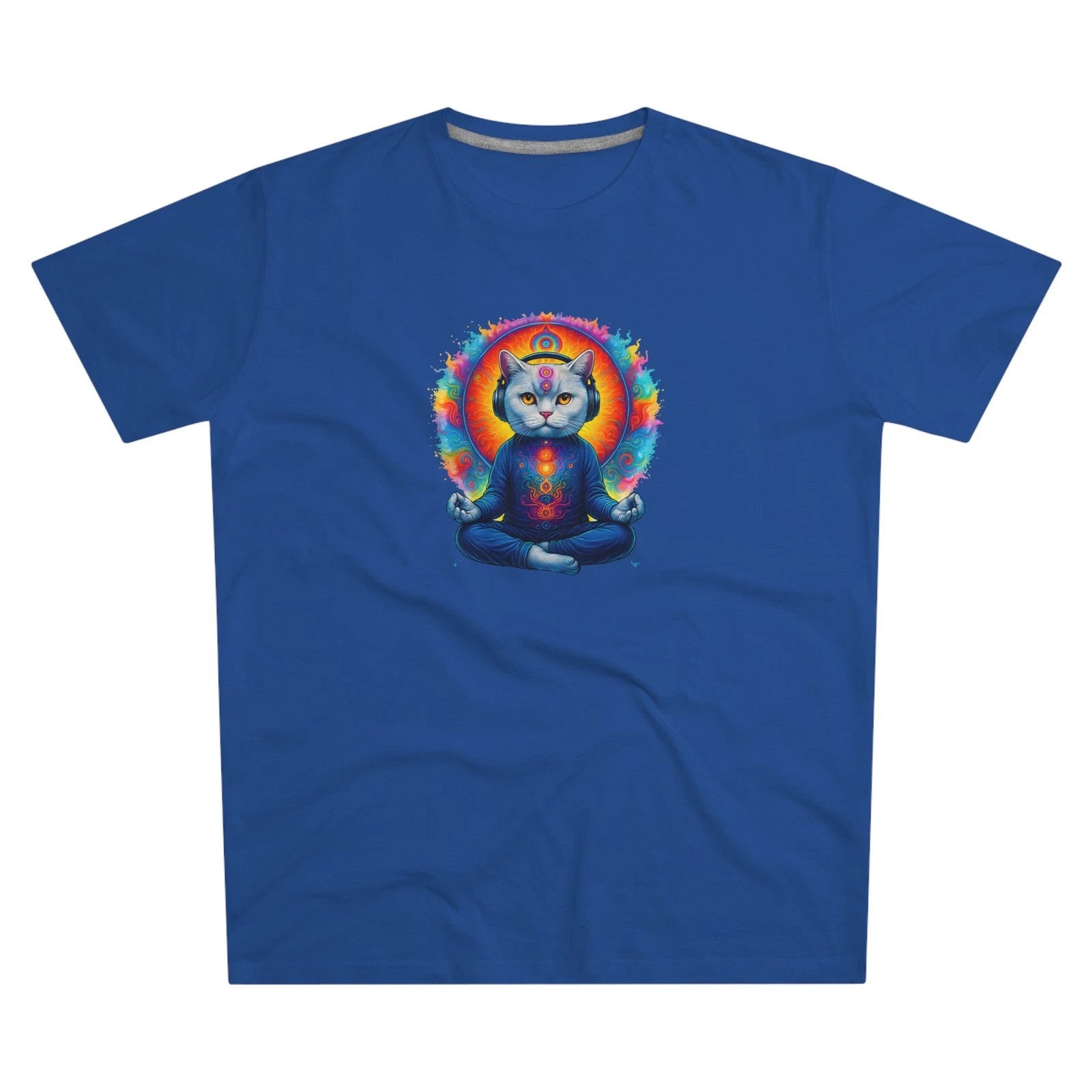Men's Cat Meditation DJ Tee, Vibrant Art T-Shirt Yoga Cat Modern-fit Shirt