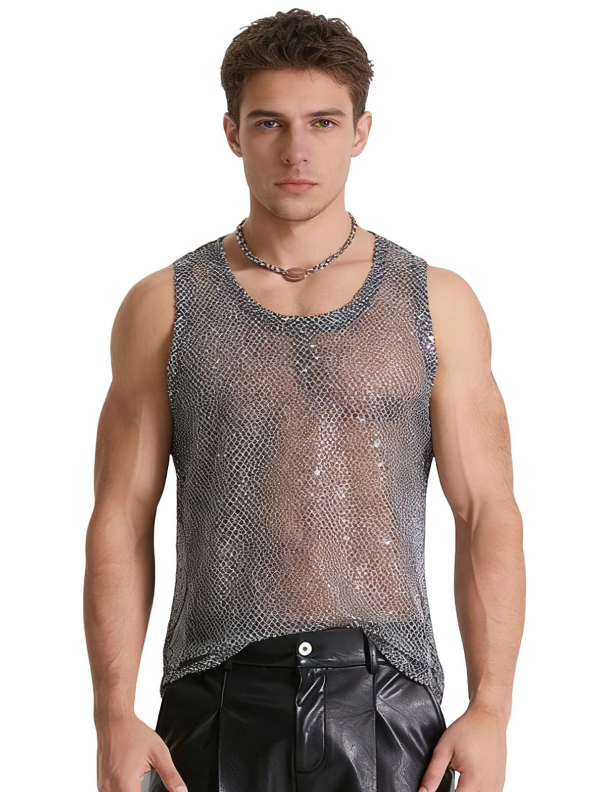 Men Vest Sparkly Tank Fashionable Top U-Neck Clubwear Trendy Sleeveless Rave