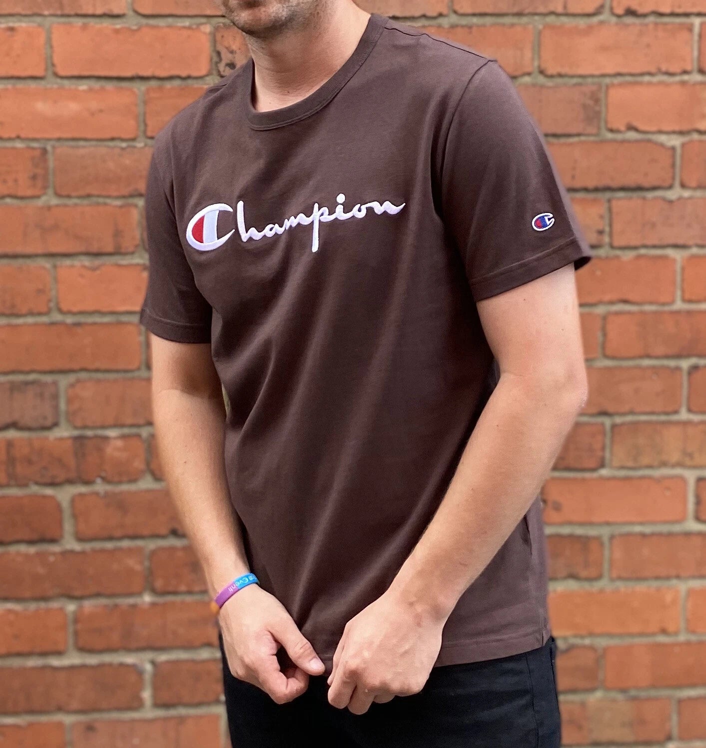 Champion Brown TShirt Men’s XL Tee Shirt Round Neck Spellout Embroidered