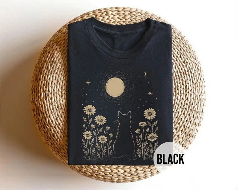 Moonlight Cat Floral Aesthetic Vintage T shirt