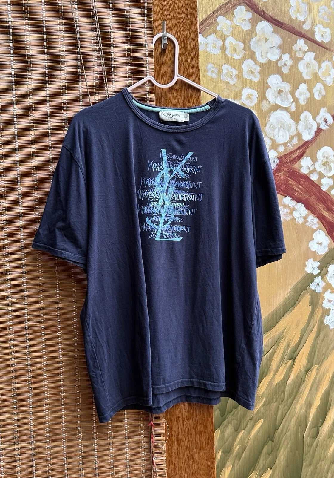 Vintage Yves Saint Laurent Blue Graphic Print T-Shirt Size XL