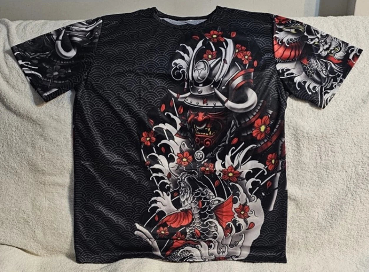JAPANESE SAMURAI WARRIOR ONI MASK ARMOR DEMON KOI FISH FLOWER T-SHIRT