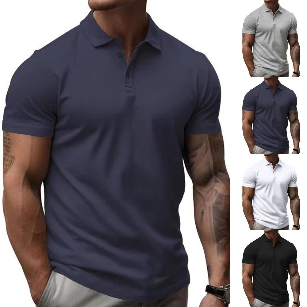 Casual Men's Short Sleeve T-Shirt Turn Down Collar Button Front Slim Fit