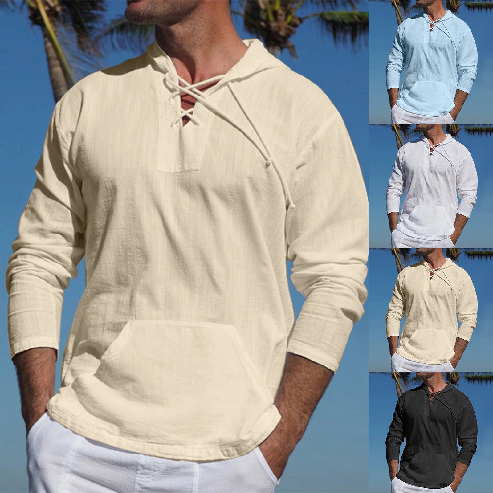 Men's Long Sleeve Linen T-Shirt Classic Casual Slim Laceup Shirts