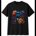 Psychedelic Puppy with Roses Dog Cute Mens T-Shirt Black 100% Cotton Kawaii