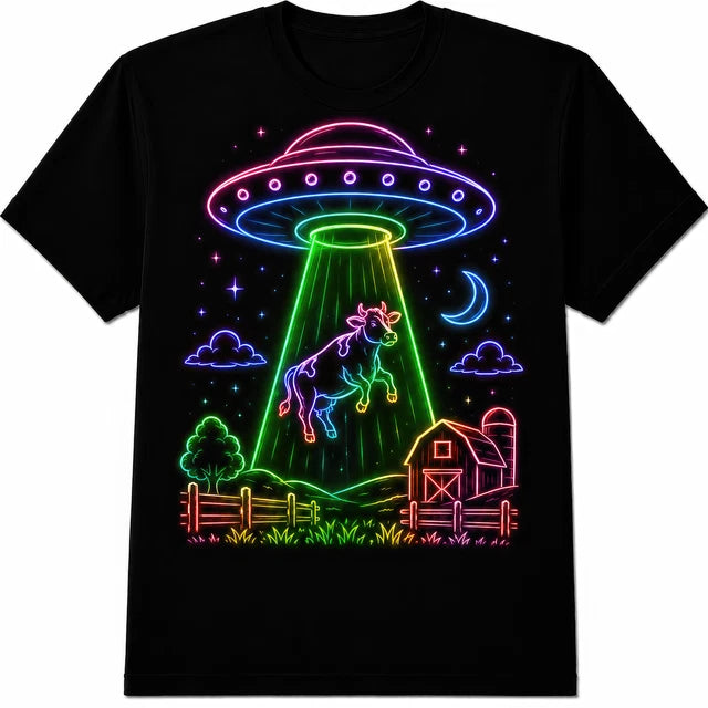 Neon UFO Abducting Cow Retro 80s Alien Spaceship Sci Fi Gift T Shirt