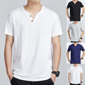 Men Four Seasons Short Sleeve T Shirt Solid Color V Neck Loose Fit Top