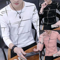 Mens Random Striped Long-sleeved T-shirt Youth Casual Slim Round Neck Bottoming
