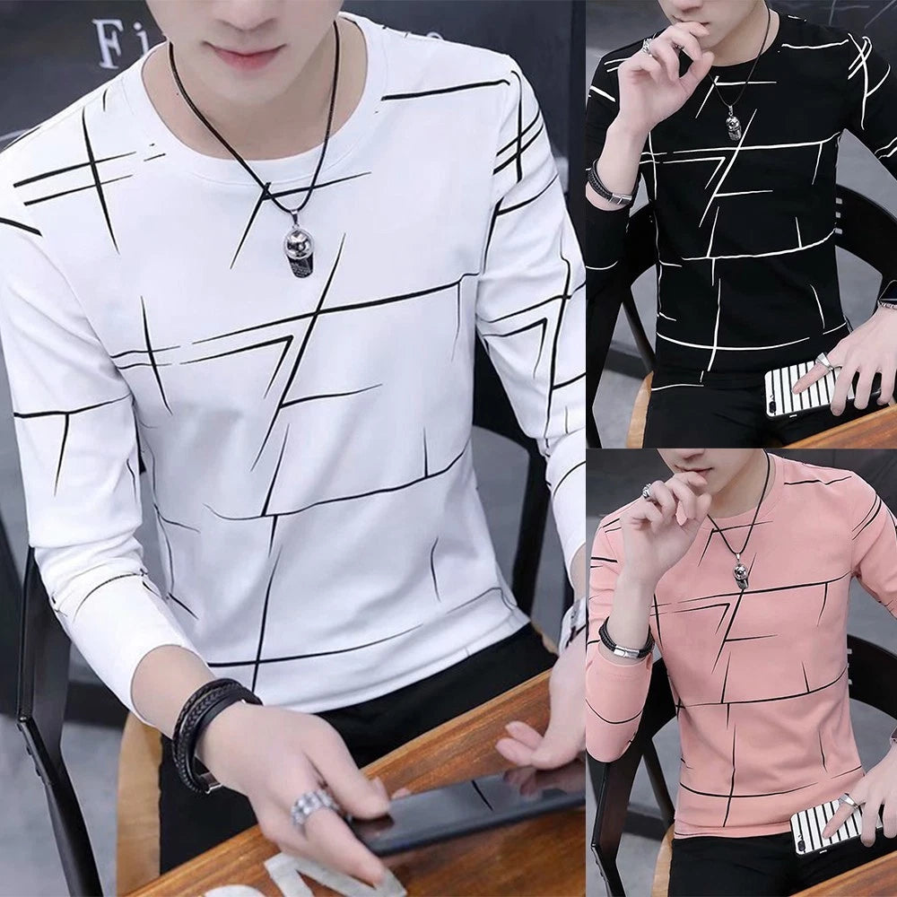 Mens Random Striped Long-sleeved T-shirt Youth Casual Slim Round Neck Bottoming