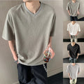 Loose Fit V Neck T Shirt for Men Short Sleeve Pure Color Texture Casual Wear