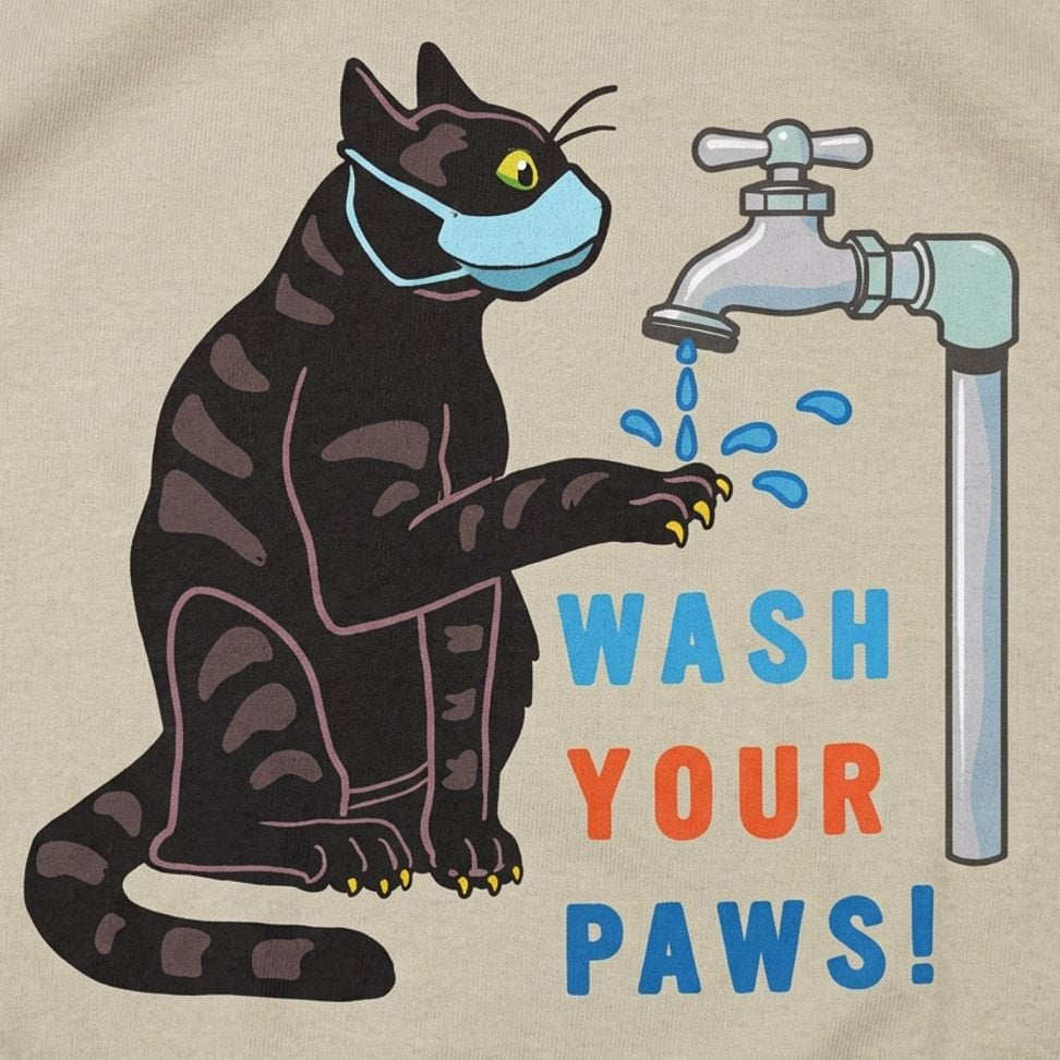 Wash Your Paws Cat Wearing Face Mask at Sink
