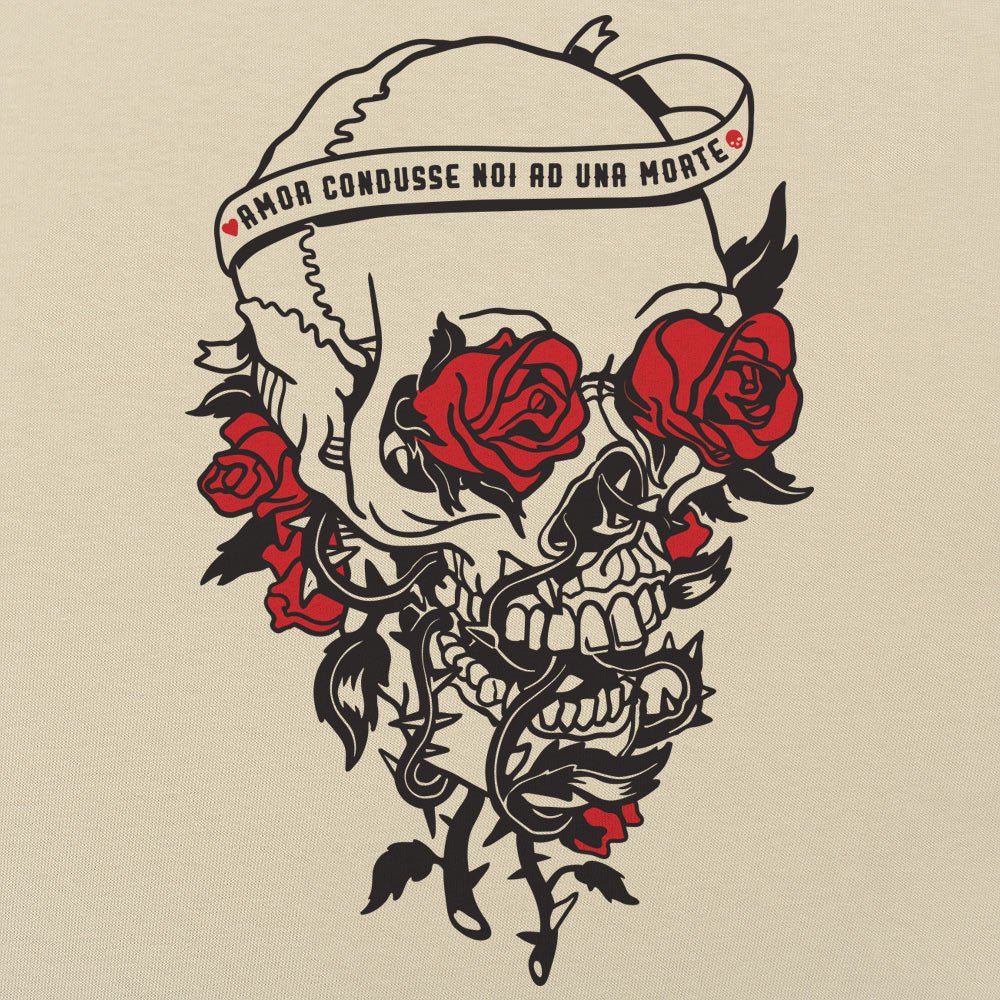 Skull And Roses Tattoo Design with Love and Death Banner