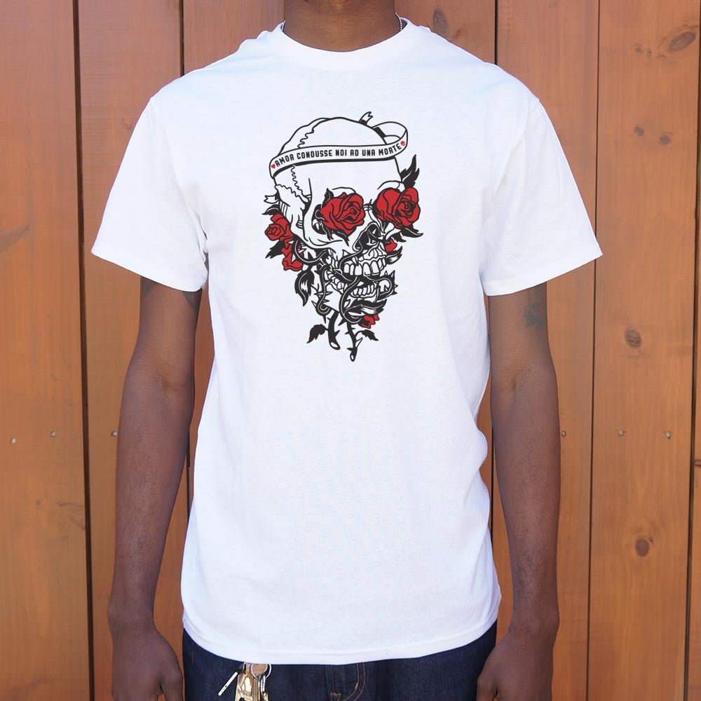 Skull And Roses Tattoo Design with Love and Death Banner