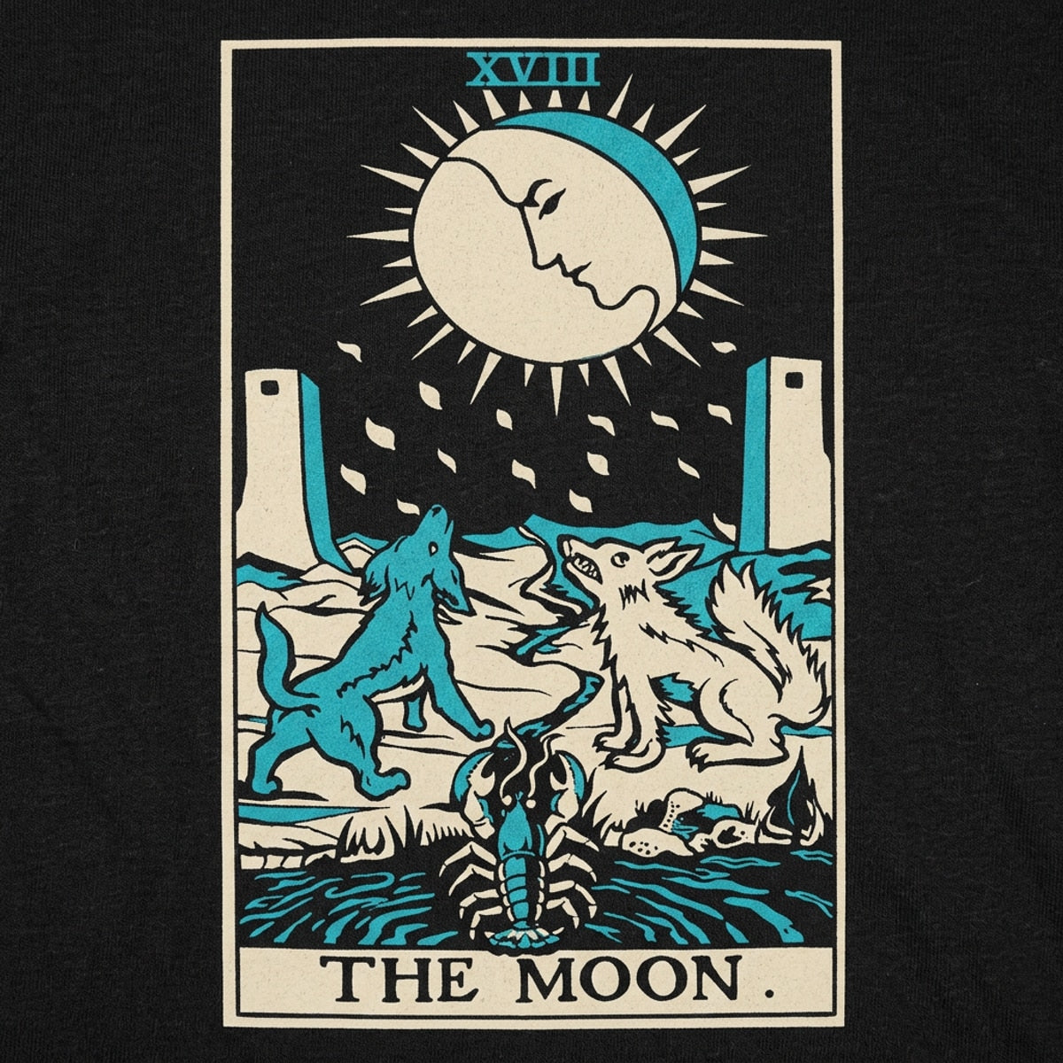 Tarot Moon Card with Wolves and Lobster