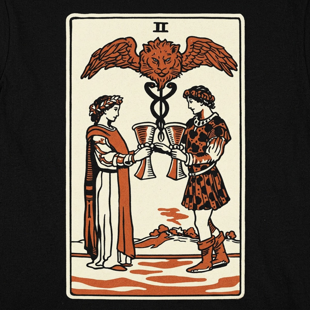 Tarot Two of Cups Lovers Toasting with a Winged Caduceus