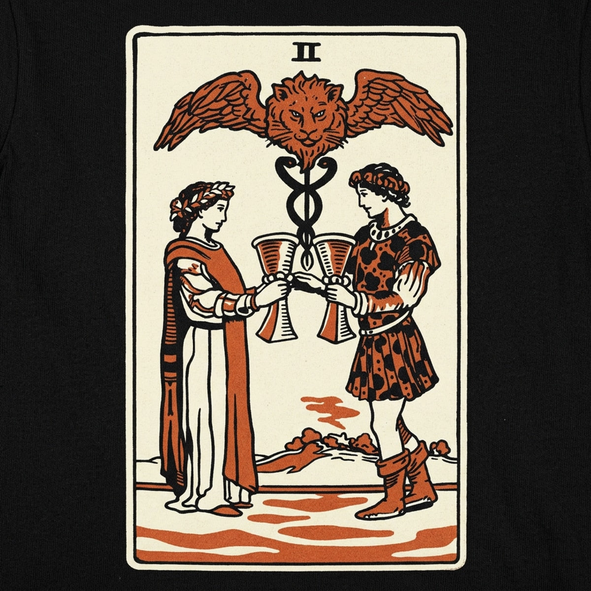 Tarot Two of Cups Lovers Toasting with a Winged Caduceus