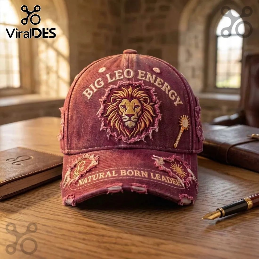 Big Leo Energy Embroidered Maroon Distressed Baseball Cap