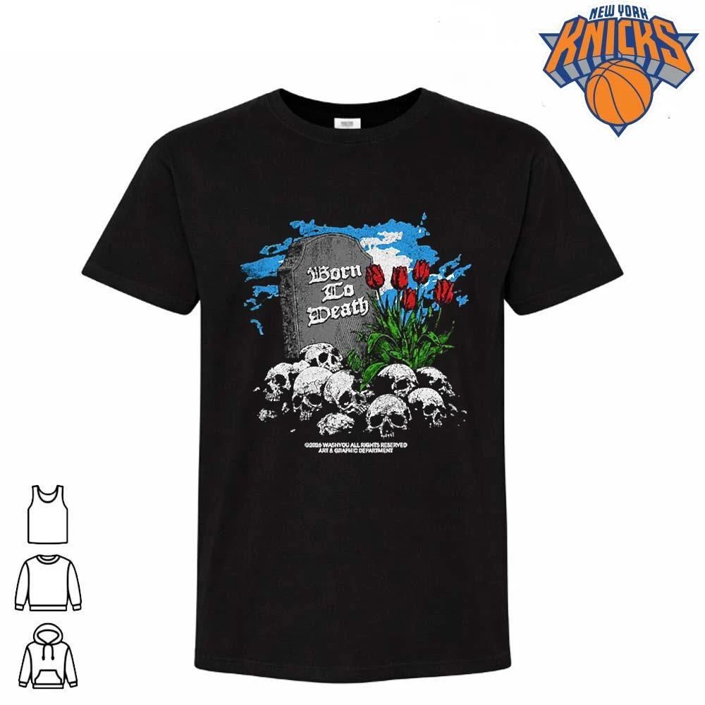 Born To Death Tombstone With Tulips Pile Of Skulls Graphic Print Gothic Streetwear Tee Shirt