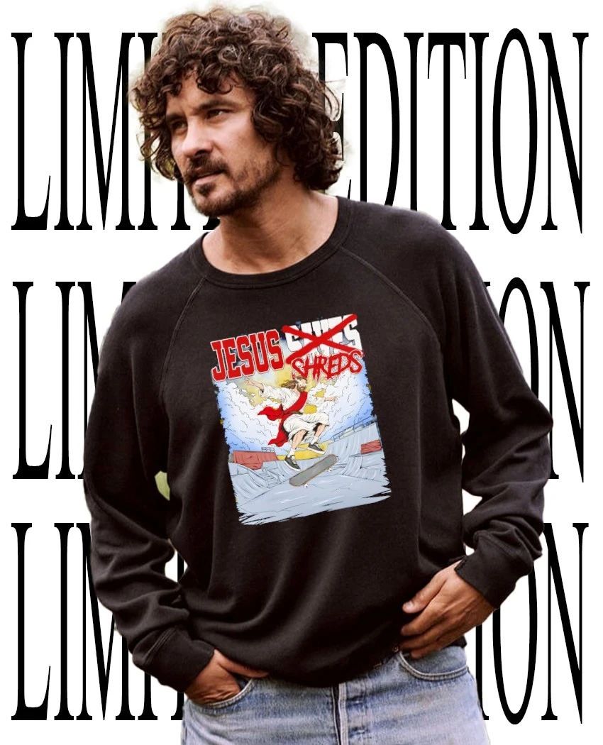 Jesus skateboarding shreds caricature tee