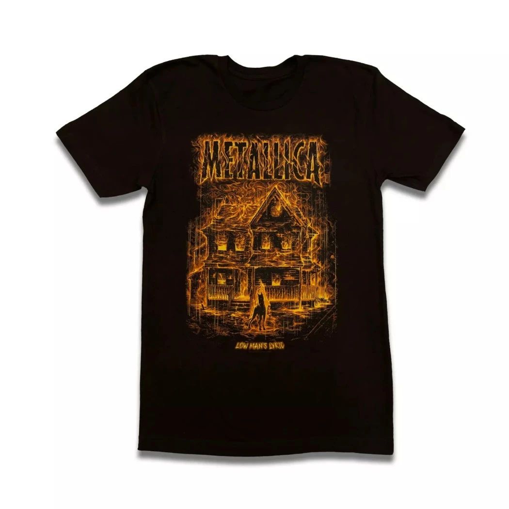 Metallica Low Man’s Lyric Poster Art T-Shirt – ReLoad Burning House Graphic Tee – Black Cotton Rock Merchandise