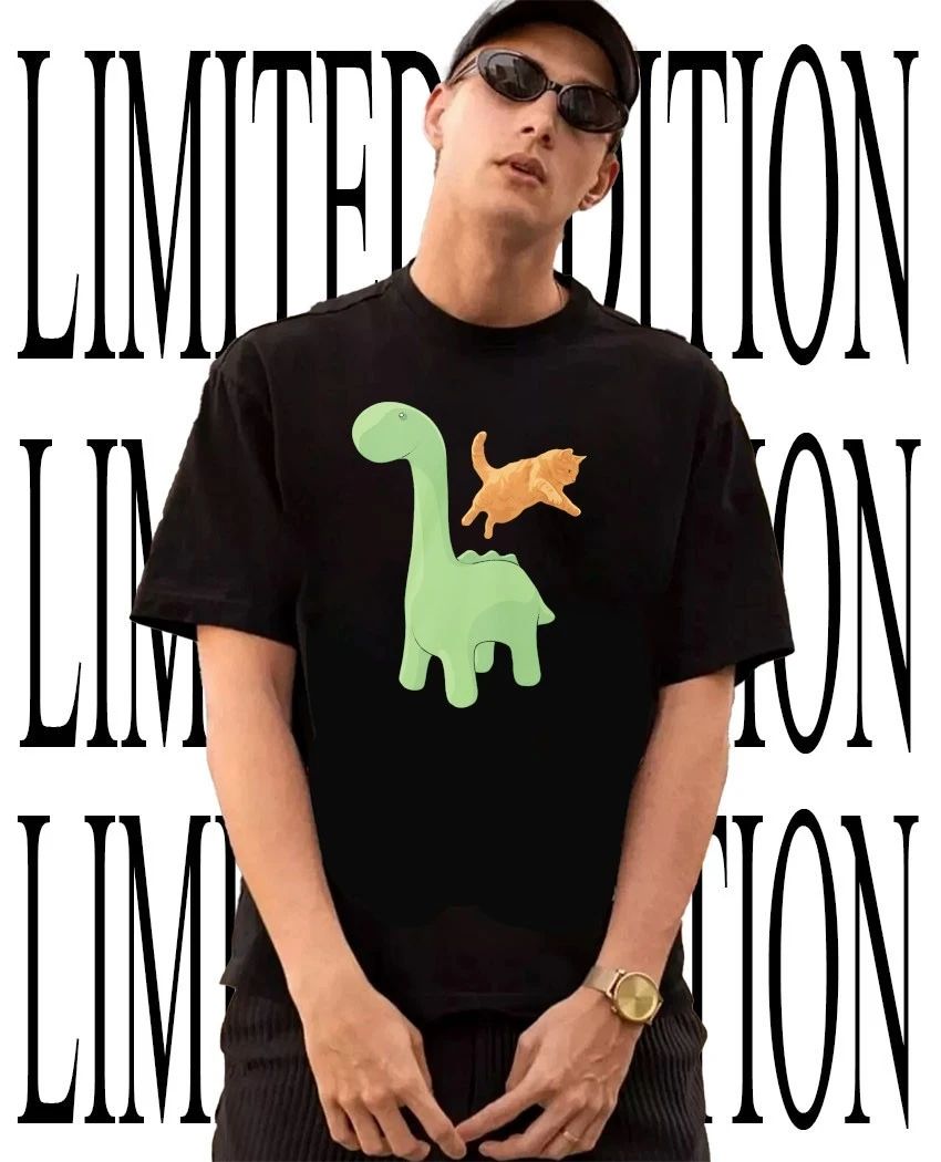 Cute Long Neck Dinosaur Jumping Orange Cat shirt