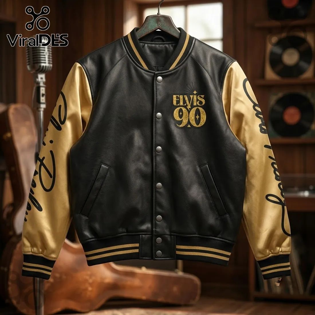 Elvis Presley 90th Anniversary Black Gold Baseball Jacket
