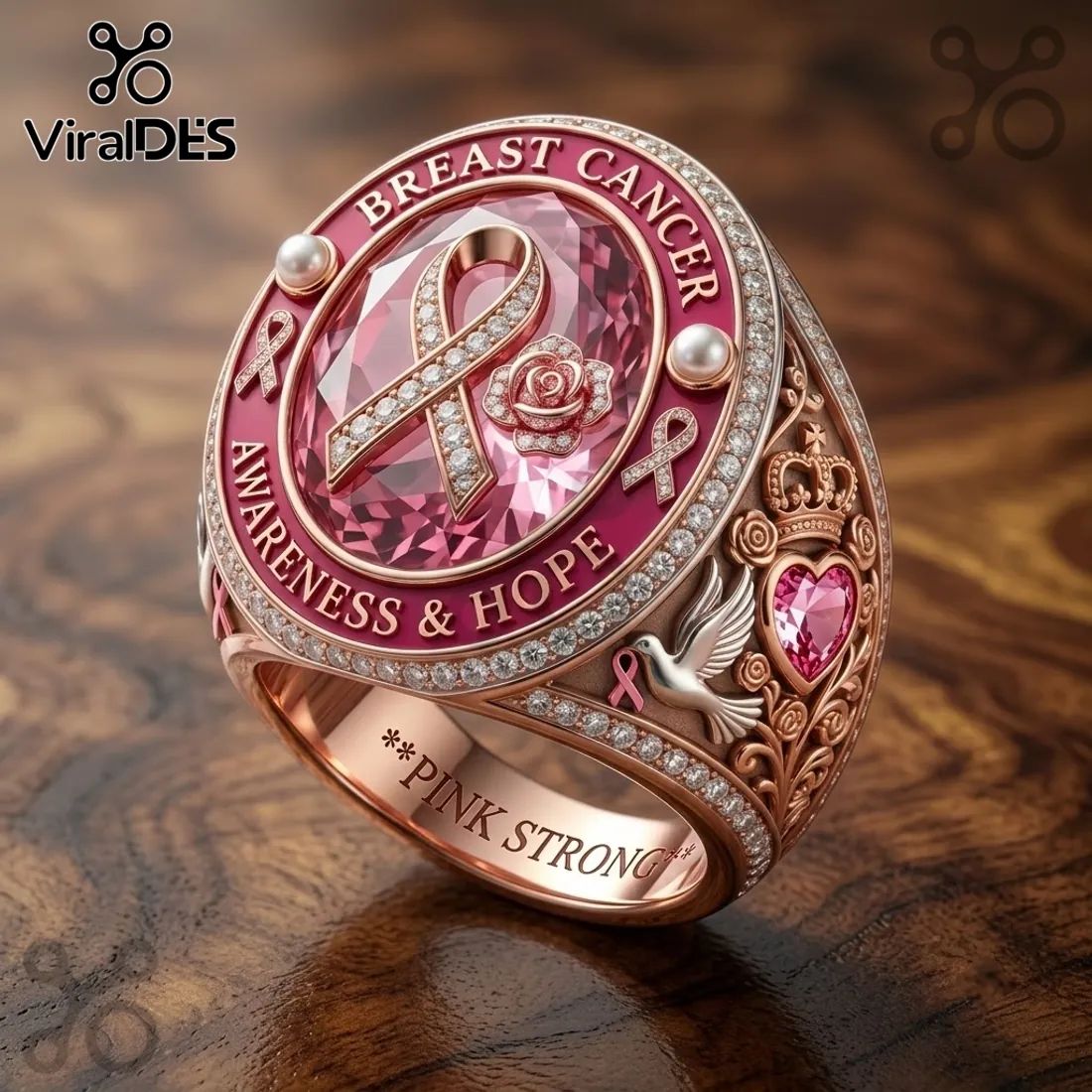 Breast Cancer Awareness Pink Crystal Ribbon Rose Ring