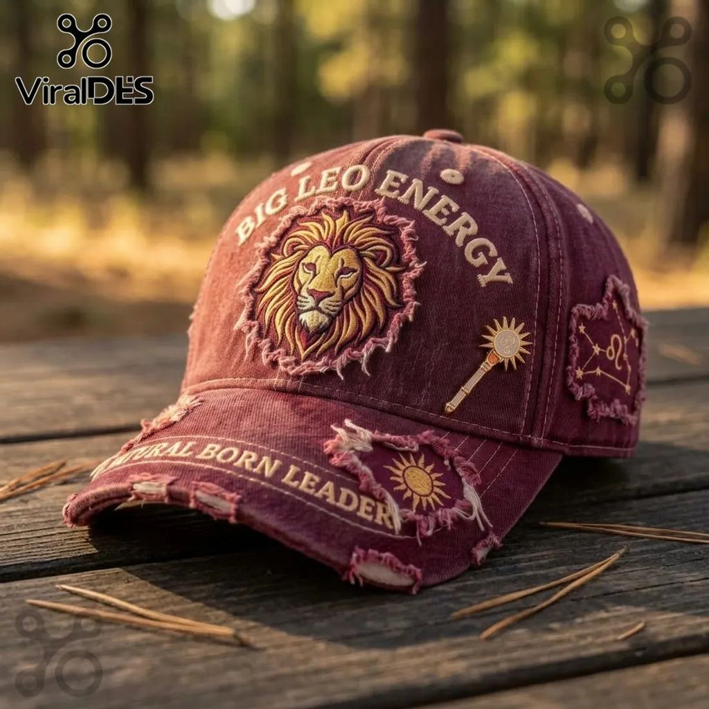 Big Leo Energy Embroidered Maroon Distressed Baseball Cap