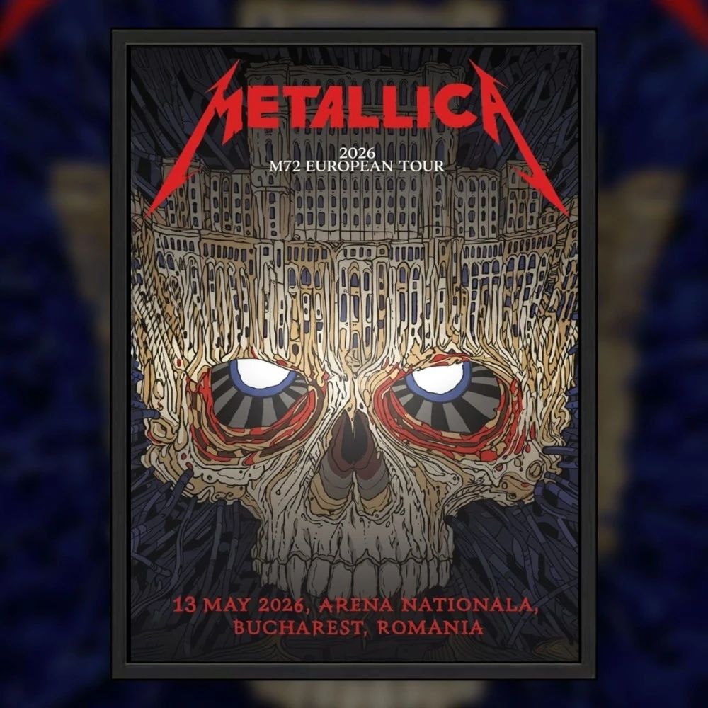Metallica 2026 M72 European Tour May 13, 2026 Arena Nationala, Bucharest , Romania Palace Of Parliament Skull Art Poster