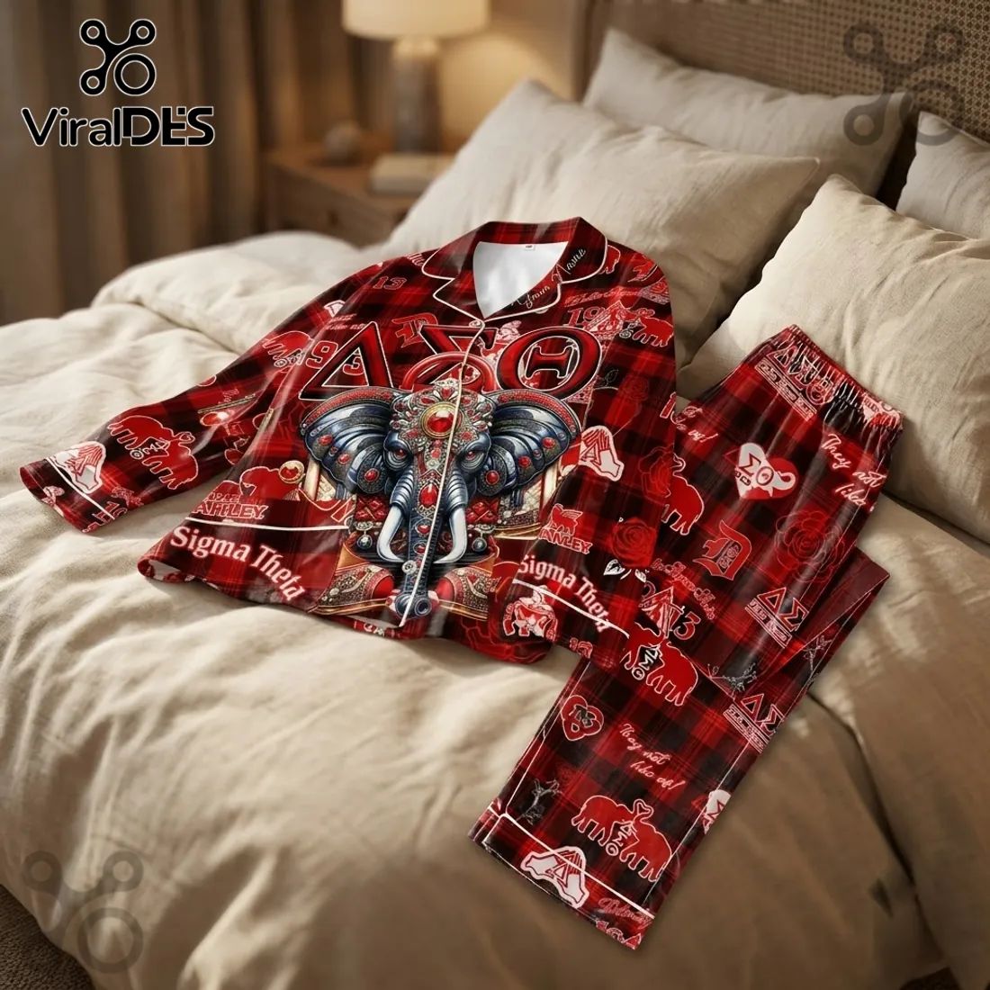 Delta Sigma Theta Red Plaid Elephant Pajama Set