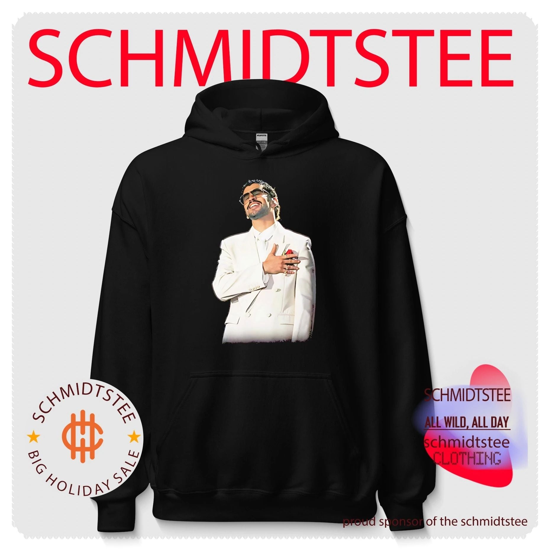 Bad Bunny in white suit portrait shirt