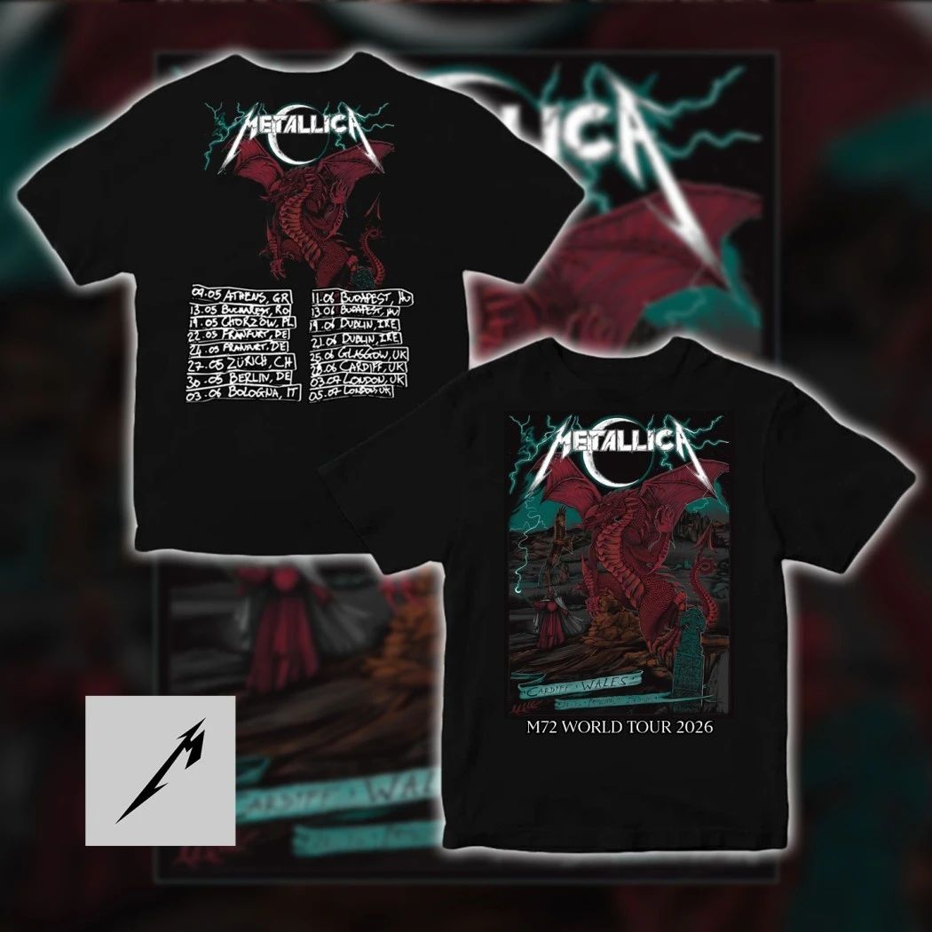Metallica M72 World Tour 2026 Cardiff Wales European Dates Handwritten List Red Dragon T-Shirt